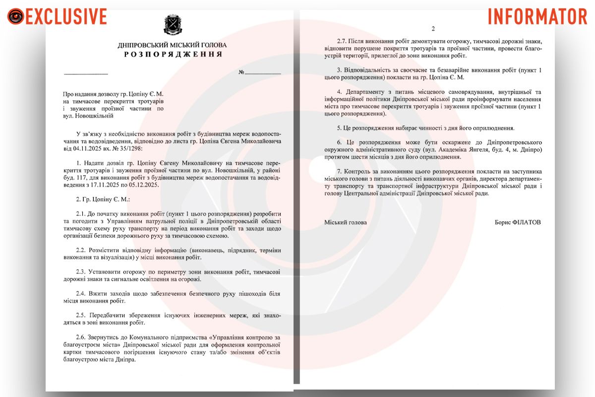 Проєкт розпорядження міського голови Дніпра