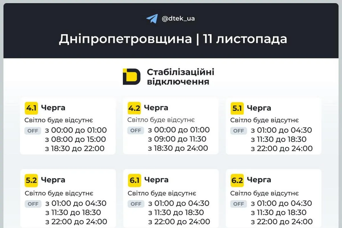 Оновлені графіки стабілізаційних відключень від ДТЕК на 11 листопада