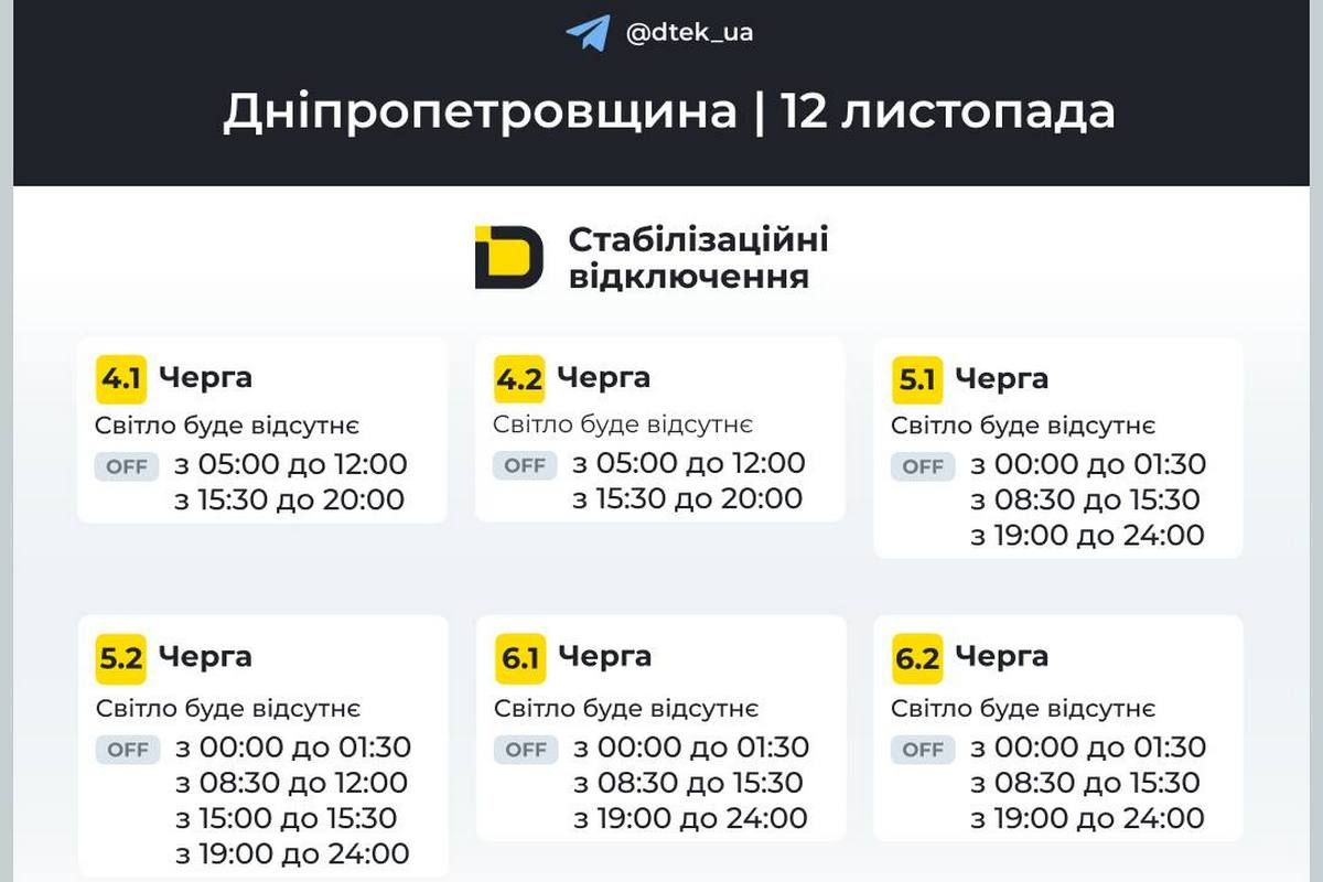 Графики стабилизационных отключений от ДТЭК на 12 ноября