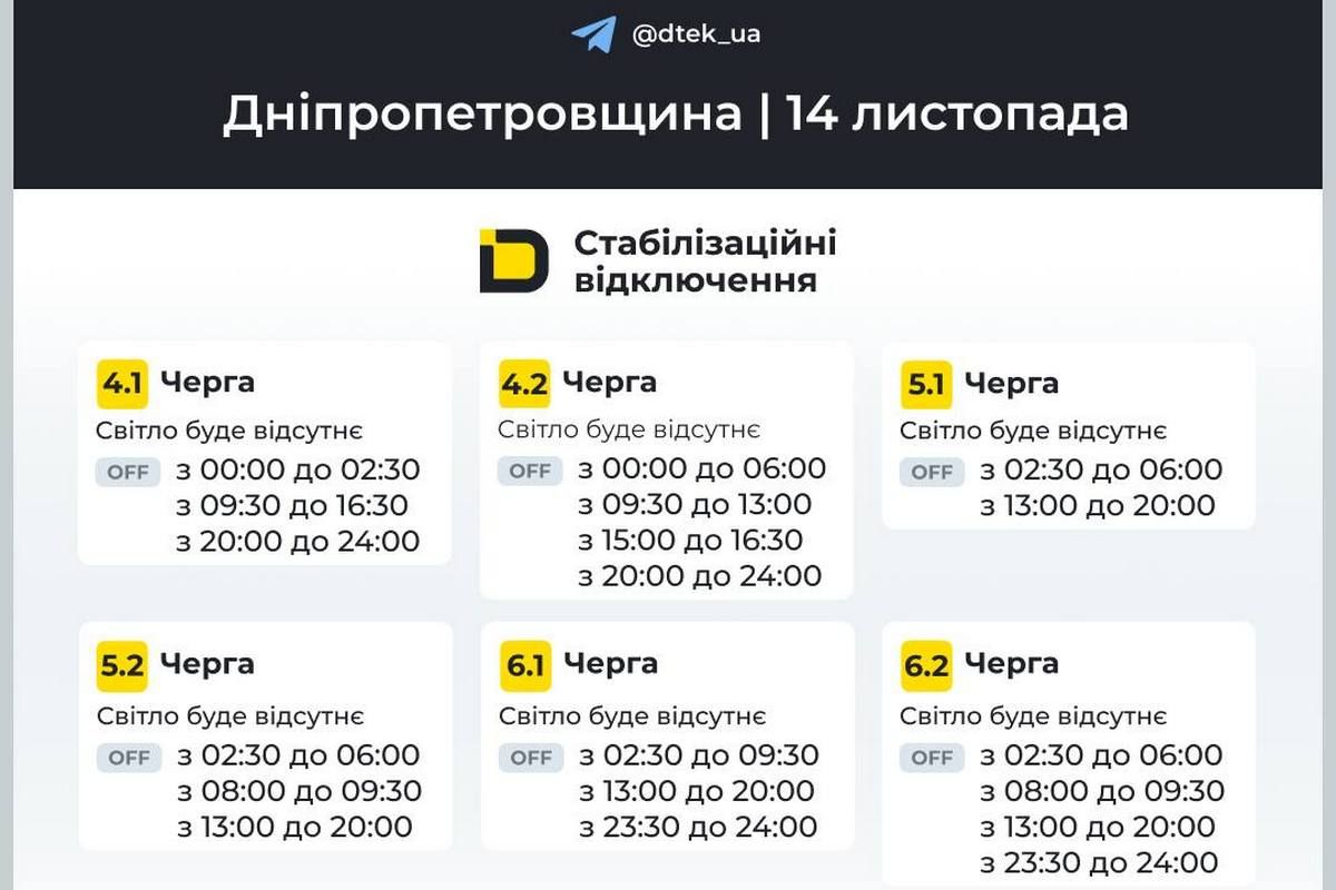 Графіки стабілізаційних відключень від ДТЕК на 14 листопада