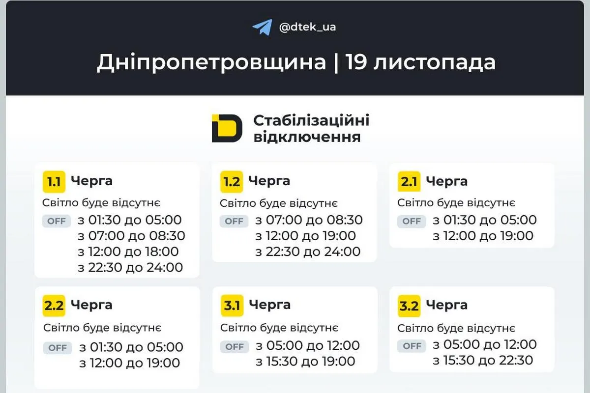 Оновлені графіки стабілізаційних відключень від ДТЕК на 19 листопада