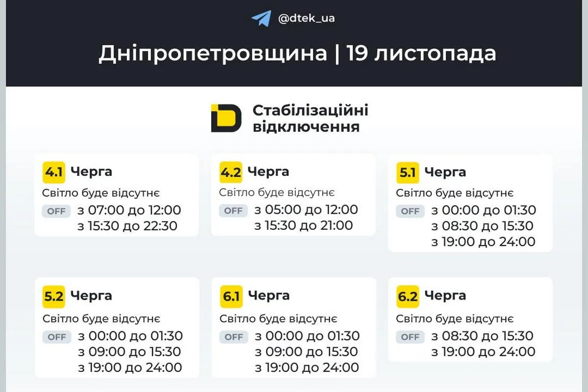 Оновлені графіки стабілізаційних відключень від ДТЕК на 19 листопада