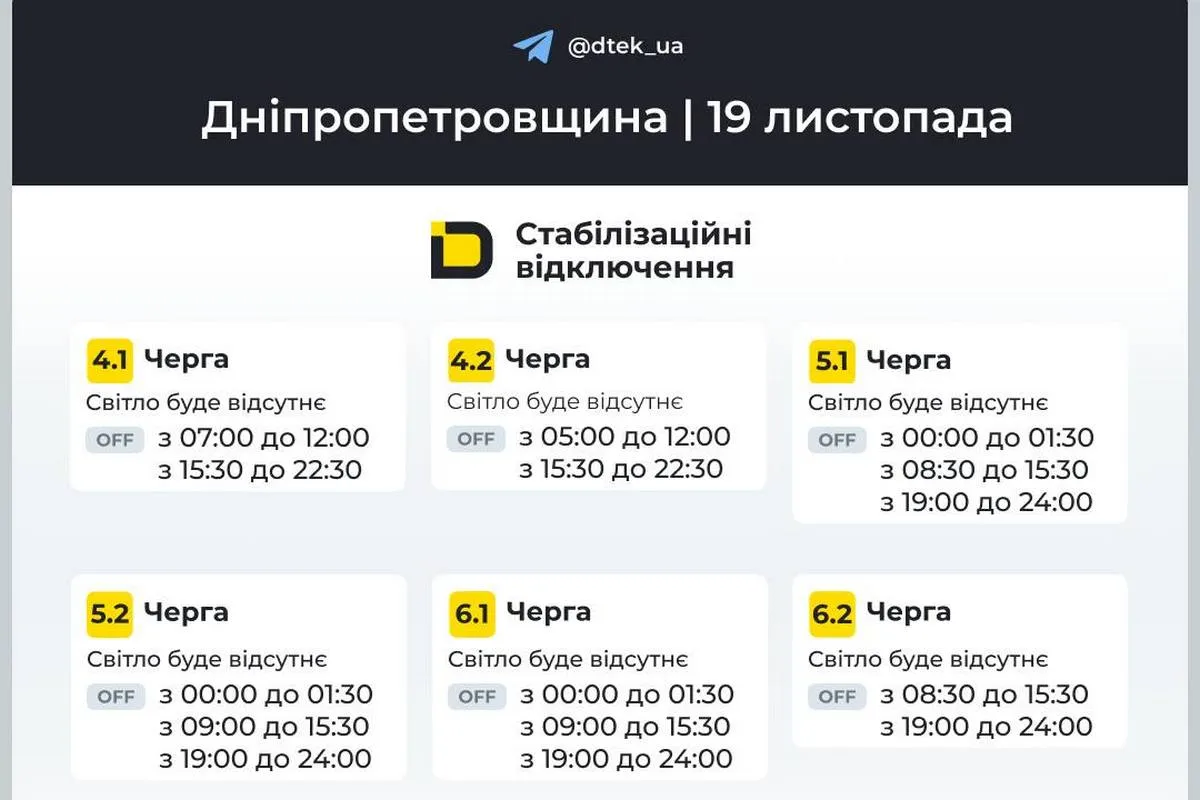 Вдруге оновлені графіки стабілізаційних відключень від ДТЕК на 19 листопада