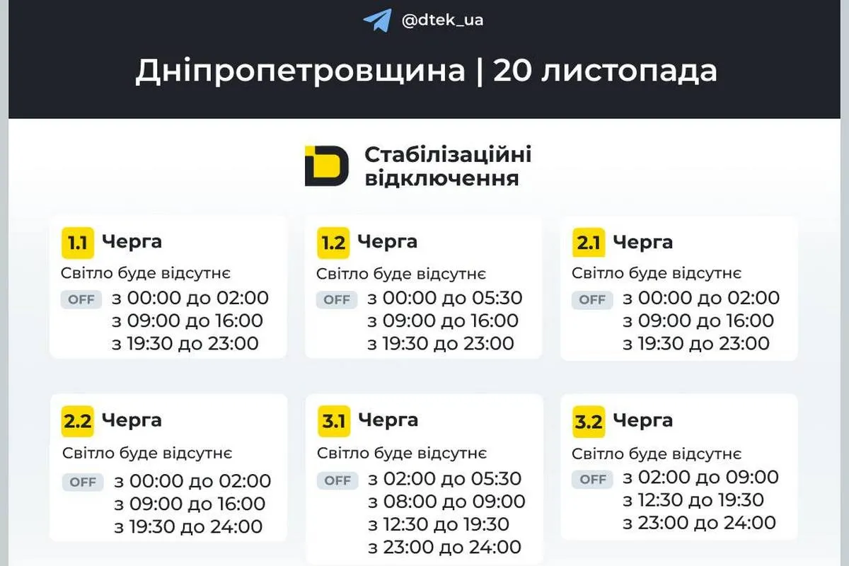 Графіки стабілізаційних відключень від ДТЕК на 20 листопада