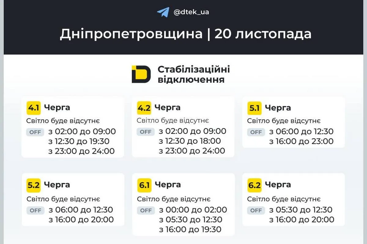 Графіки стабілізаційних відключень від ДТЕК на 20 листопада