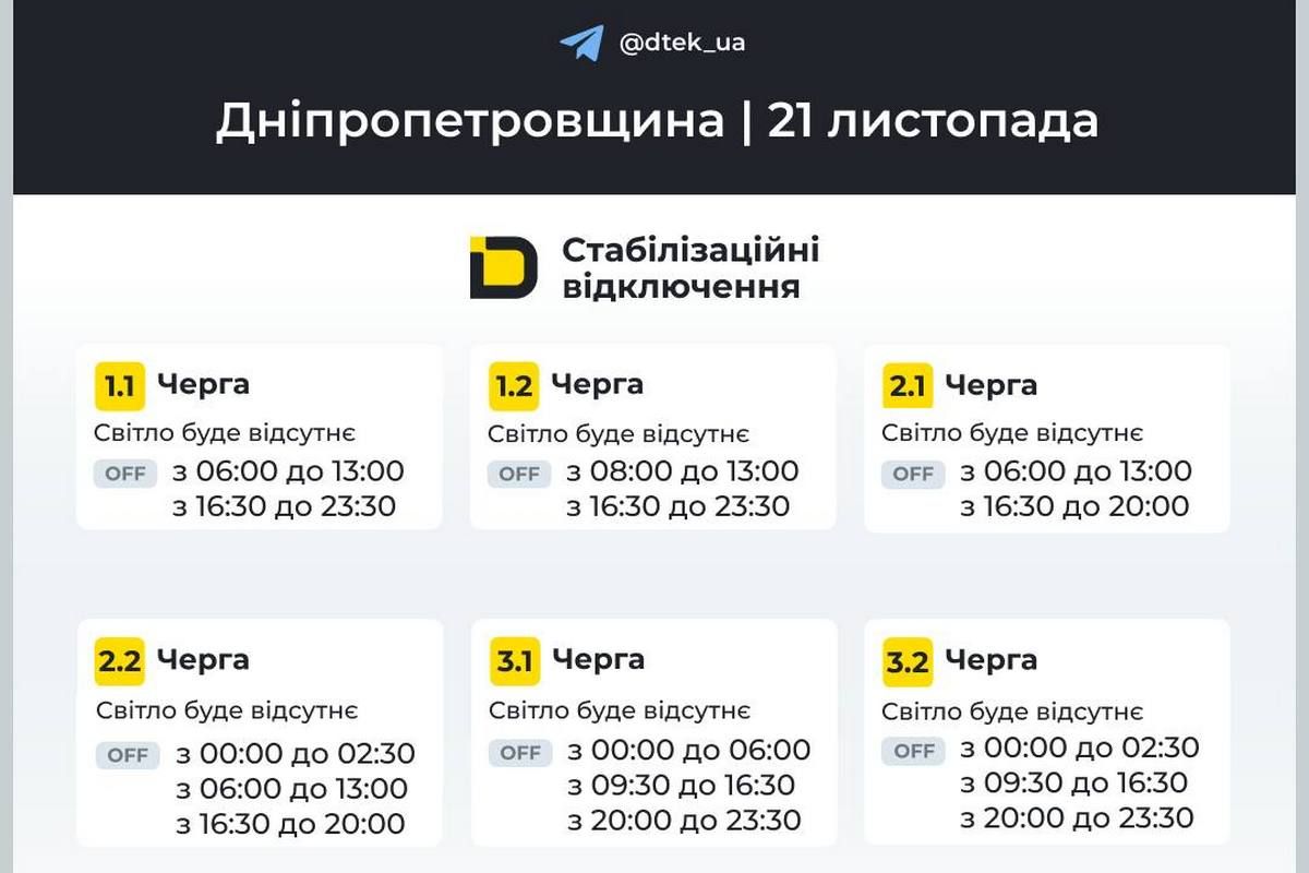 Графики стабилизационных отключений от ДТЭК на 21 ноября