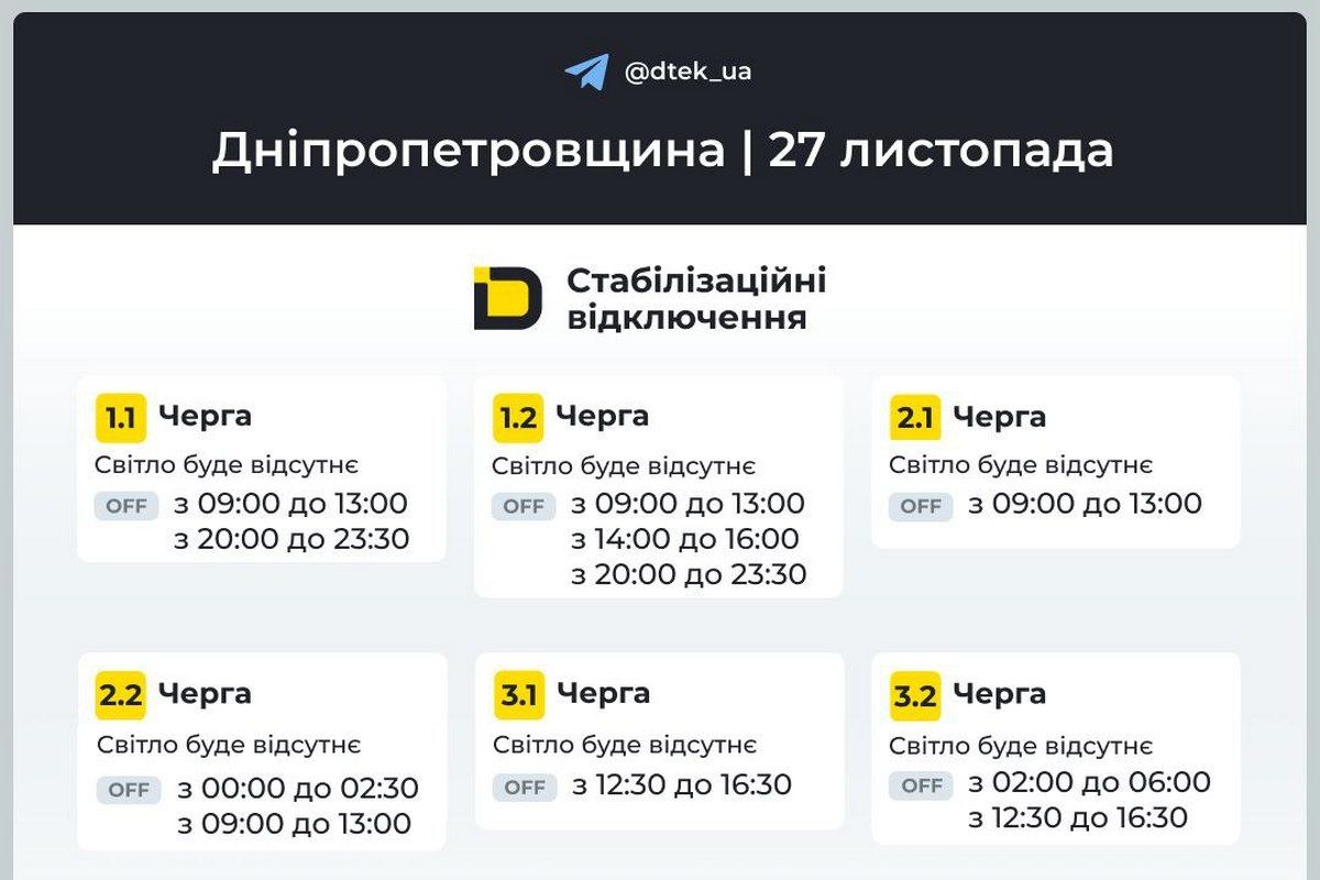 Графики стабилизационных отключений от ДТЭК на 27 ноября