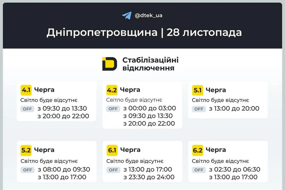 Графіки стабілізаційних відключень від ДТЕК на 28 листопада