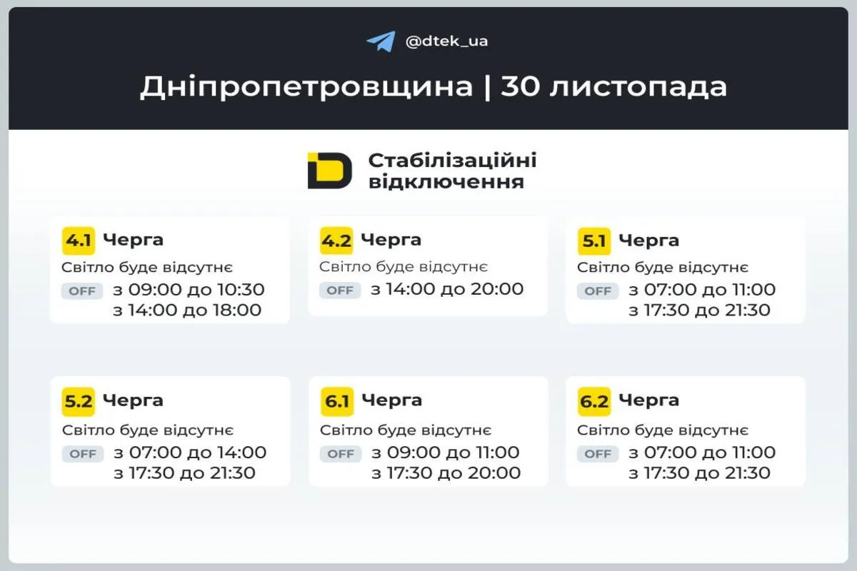 До 9 годин без світла: графіки відключень для абонентів ДТЕК у Дніпропетровській області на 30 листопада 2