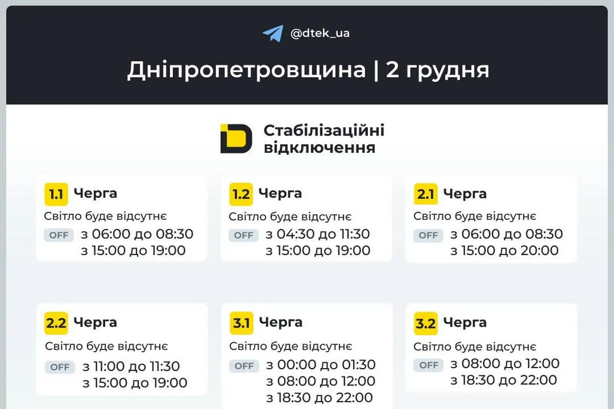 Графіки стабілізаційних відключень від ДТЕК на 2 грудня
