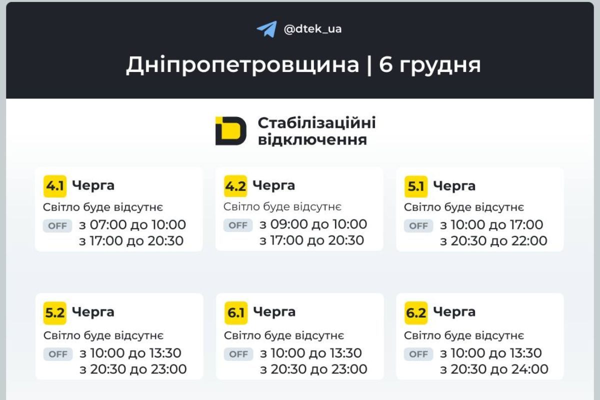 Графіки відключення світла для абонентів ДТЕК на 6 грудня