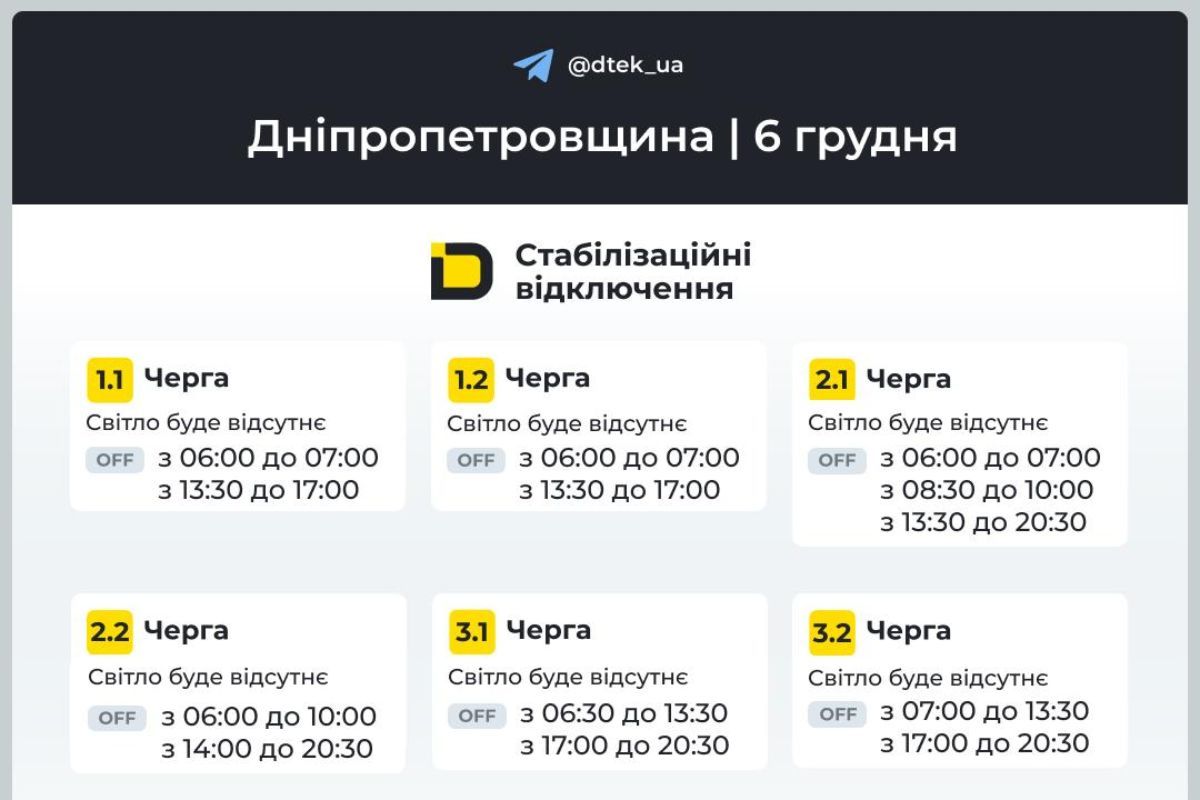 Обновлены графики отключений на 6 декабря Обновлены графики отключений на 6 декабря
