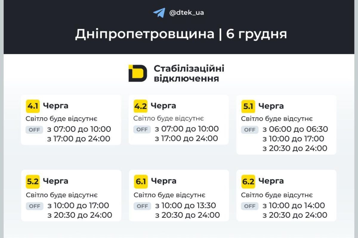 Обновлены графики отключений на 6 декабря Обновлены графики отключений на 6 декабря