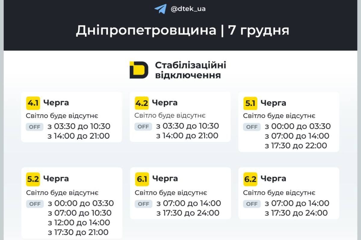 Графіки відключення світла у абонентів ДТЕК на 7 грудня