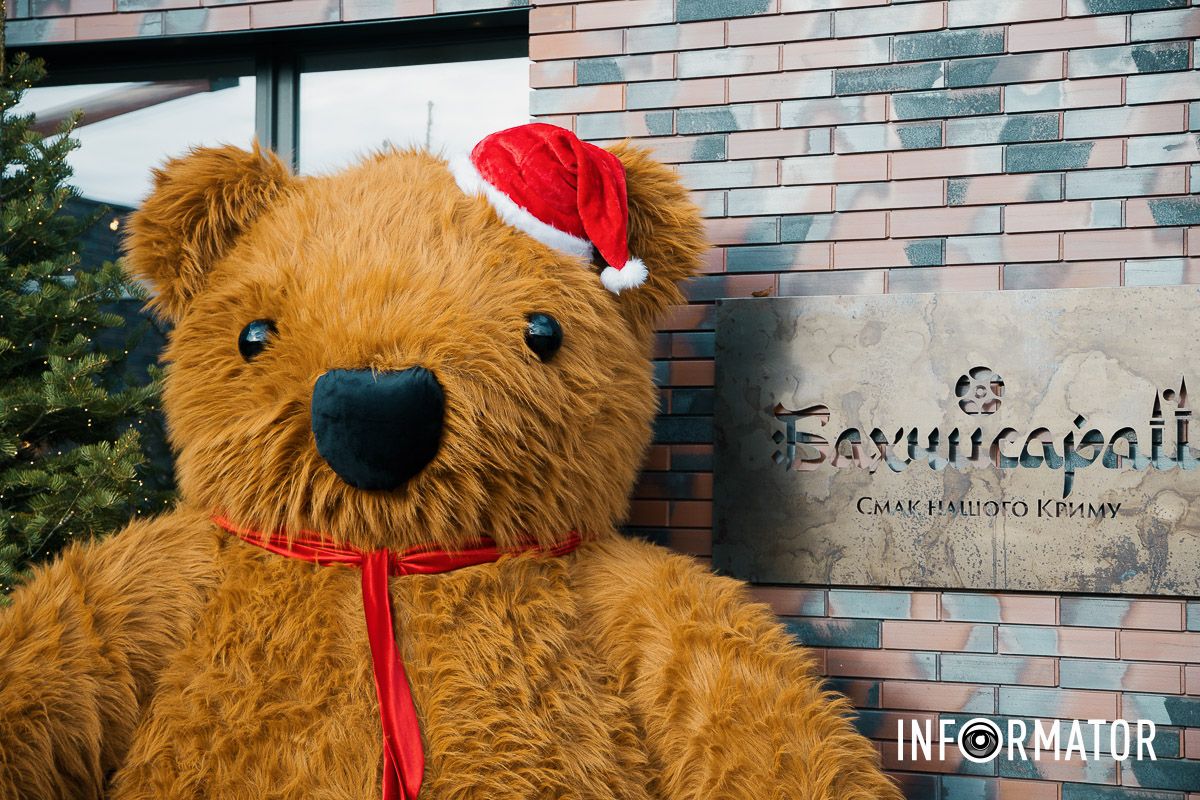 Зимова атмосфера і теплий ведмежий обійм Різдвяна фотозона з величезним ведведем: де на Набережній Перемоги її знайти 7