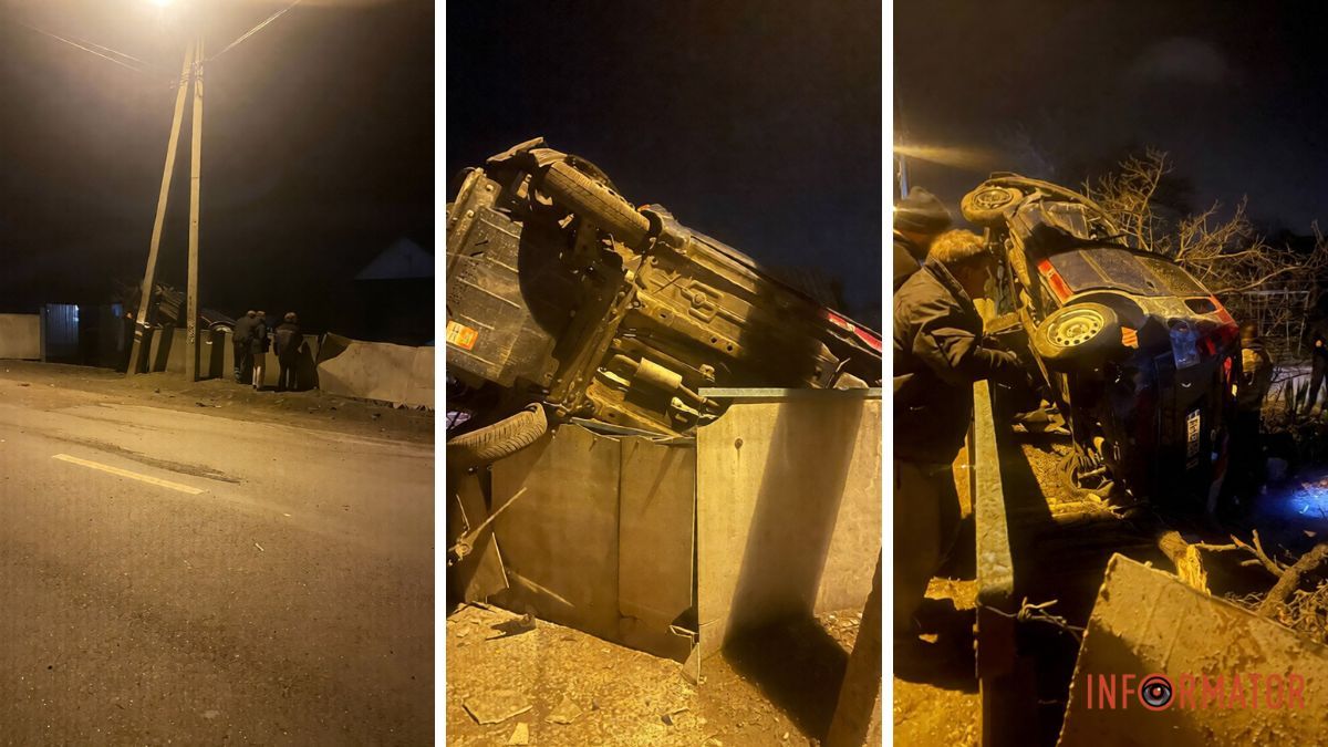 У Дніпрі на Передовій автівка в’їхала у двір та повисла на паркані: водій та вагітна пасажирка у лікарні з численними травмами
