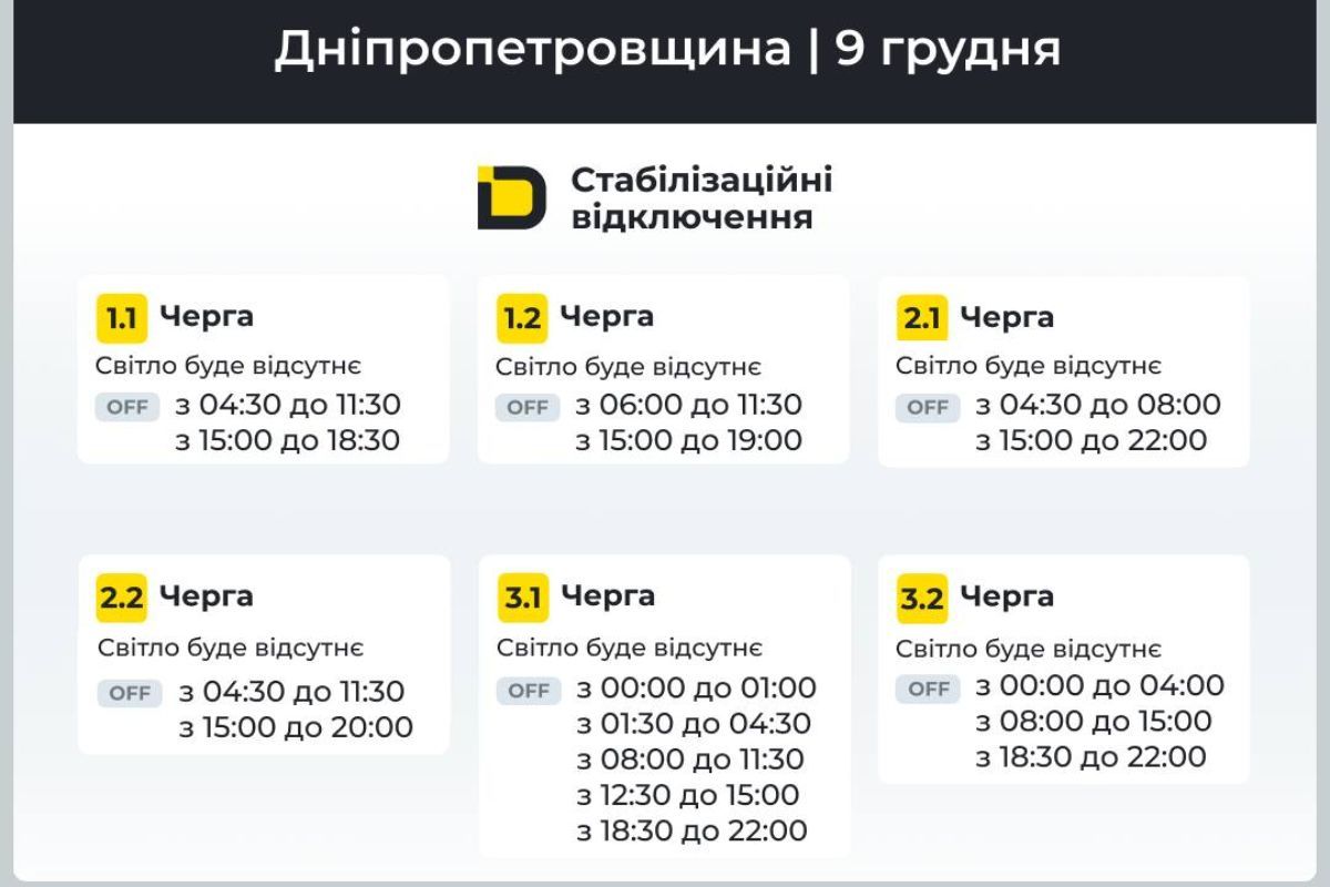 Оновлені графіки відключення світла для абонентів ДТЕК на 9 грудня Оновлені графіки відключення світла для абонентів ДТЕК на 9 грудня