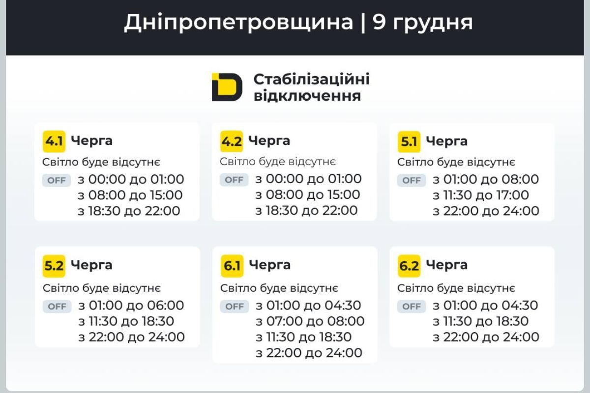 Оновлені графіки відключення світла для абонентів ДТЕК на 9 грудня Оновлені графіки відключення світла для абонентів ДТЕК на 9 грудня