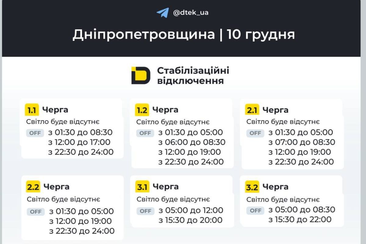 Графіки відключення світла для абонентів ДТЕК на 10 грудня