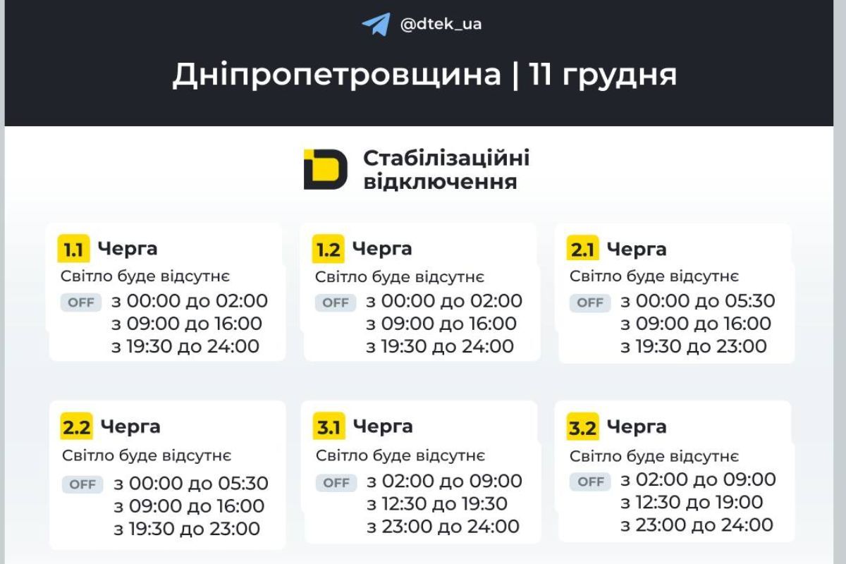 Графіки відключення світла у абонентів ДТЕК на 11 грудня