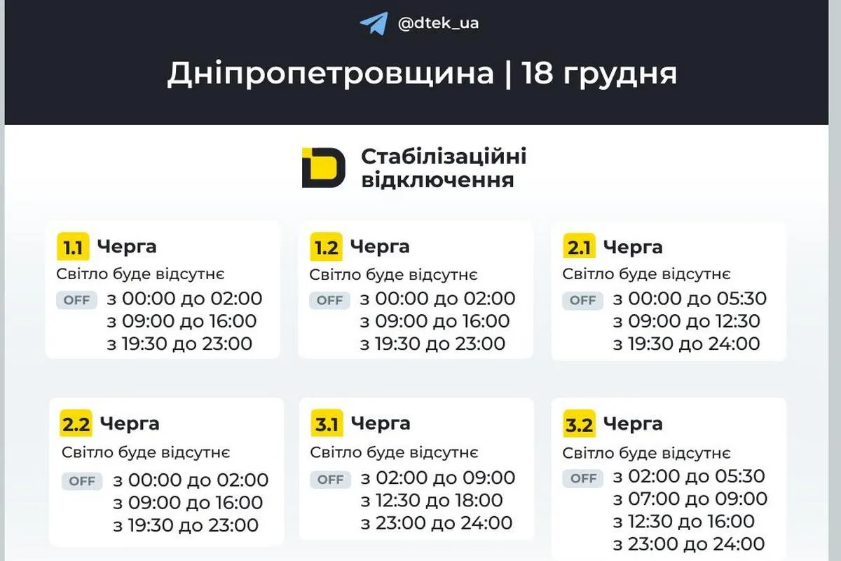 Графіки стабілізаційних відключень від ДТЕК на 18 грудня