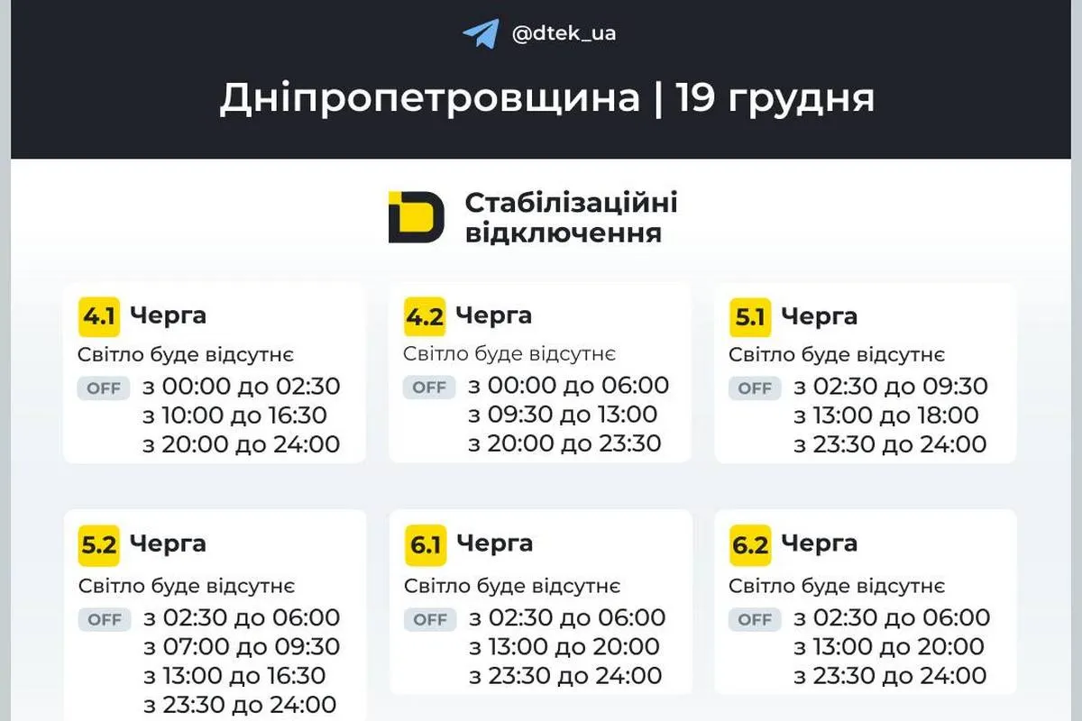 Графики стабилизационных отключений от ДТЭК на 19 декабря