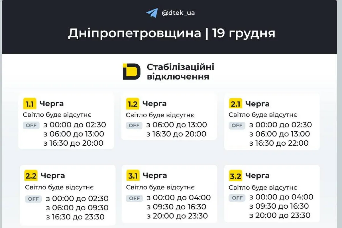 Графики стабилизационных отключений от ДТЭК на 19 декабря