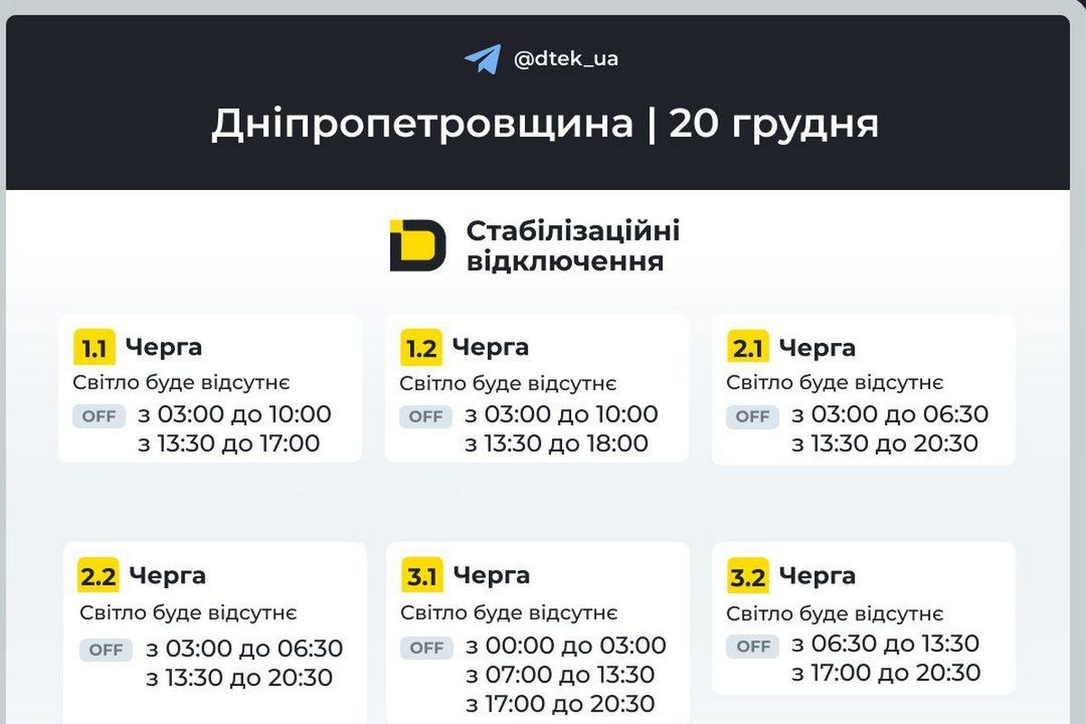 Графики стабилизационных отключений от ДТЭК на 20 декабря
