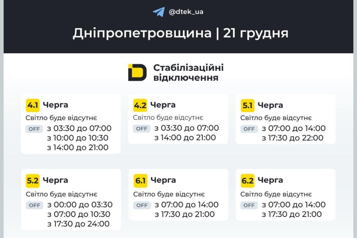 Графіки для абонентів ДТЕК на 21 грудня