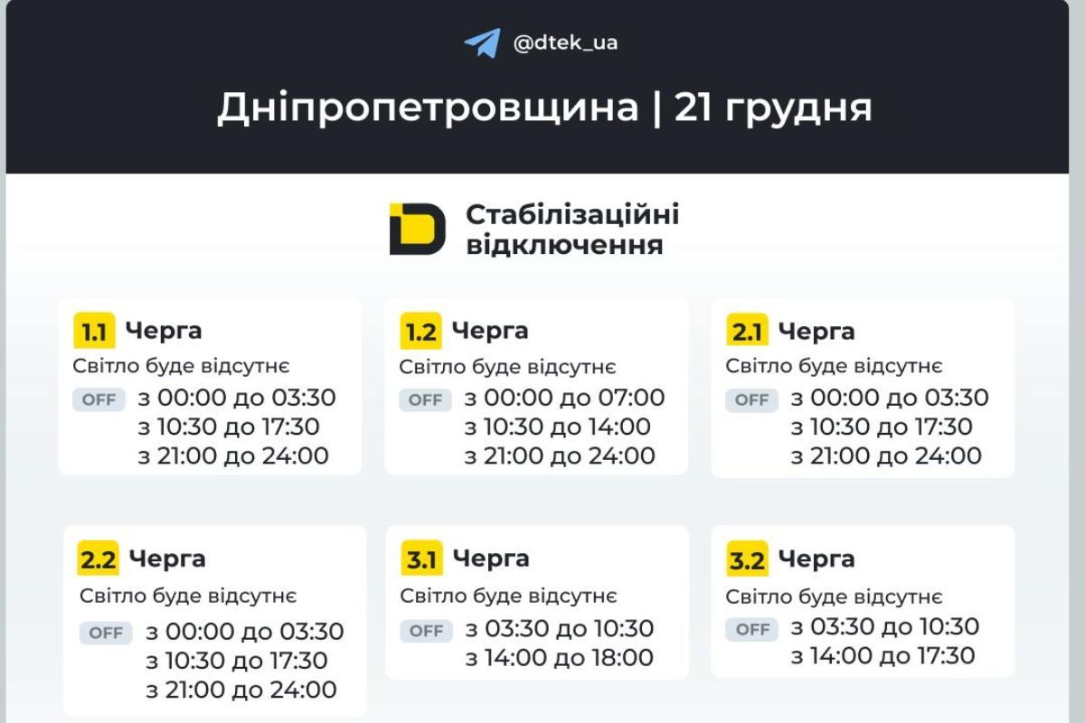 Графіки для абонентів ДТЕК на 21 грудня