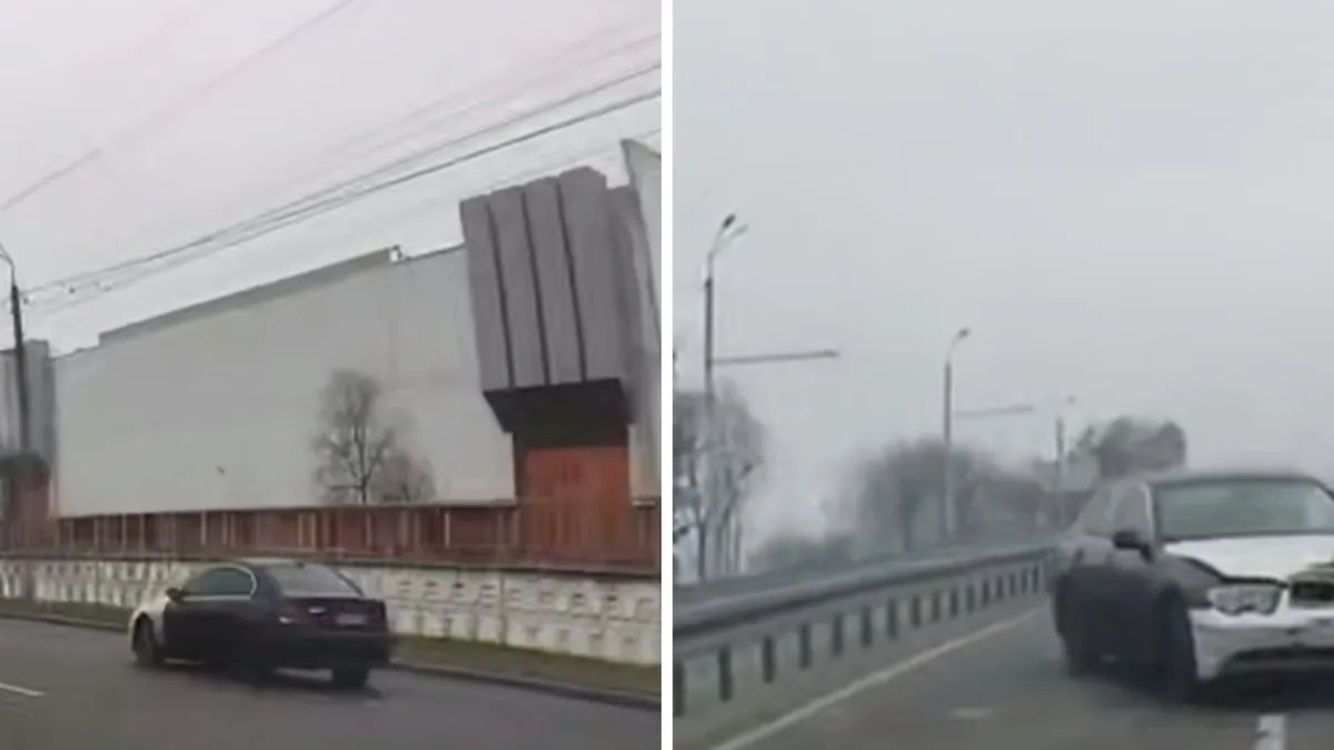 Відео моменту: у Дніпрі на Набережній Заводській автомобіль BMW занесло і він врізався у відбійник