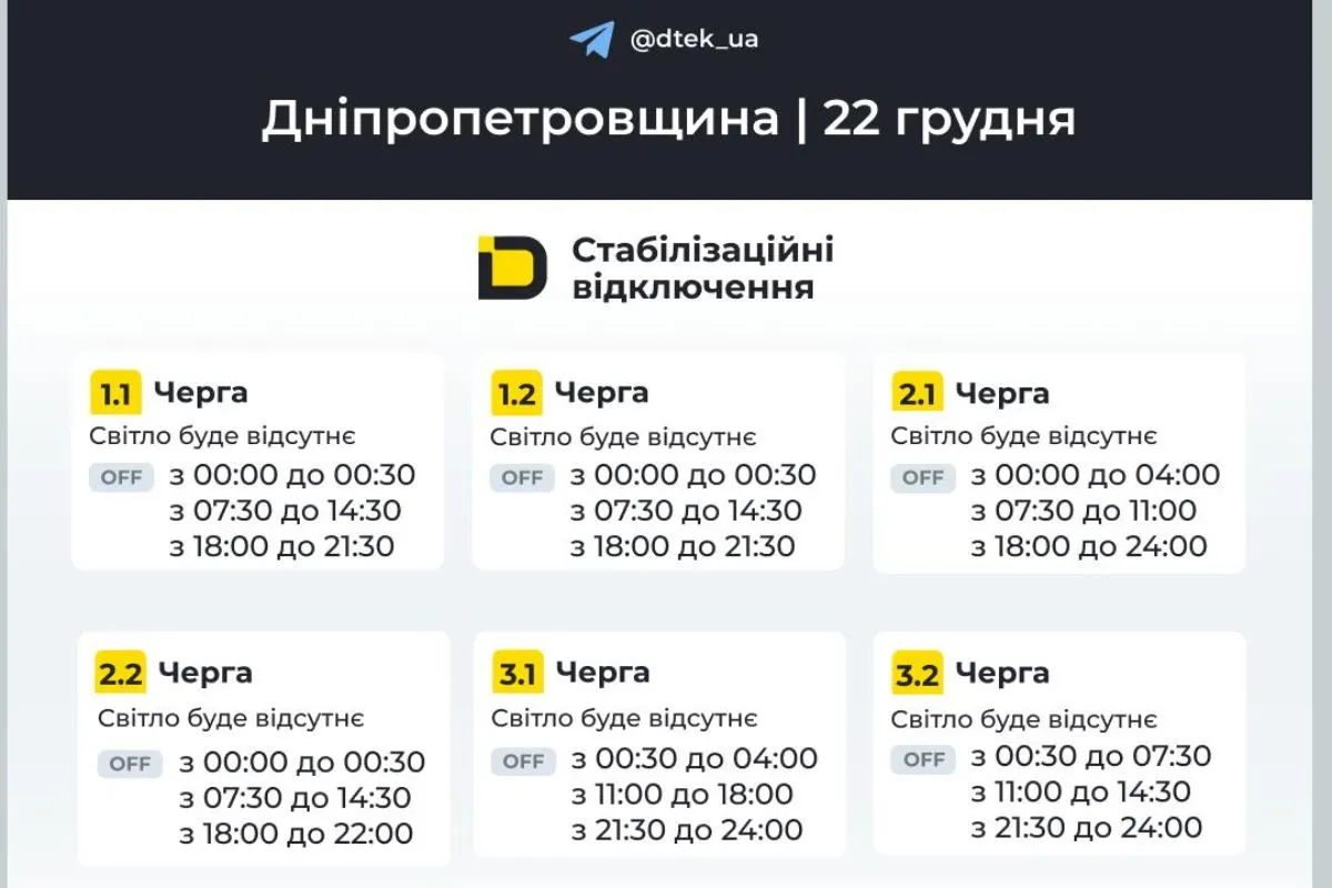 Графіки відключення світла ДТЕК на 22 грудня