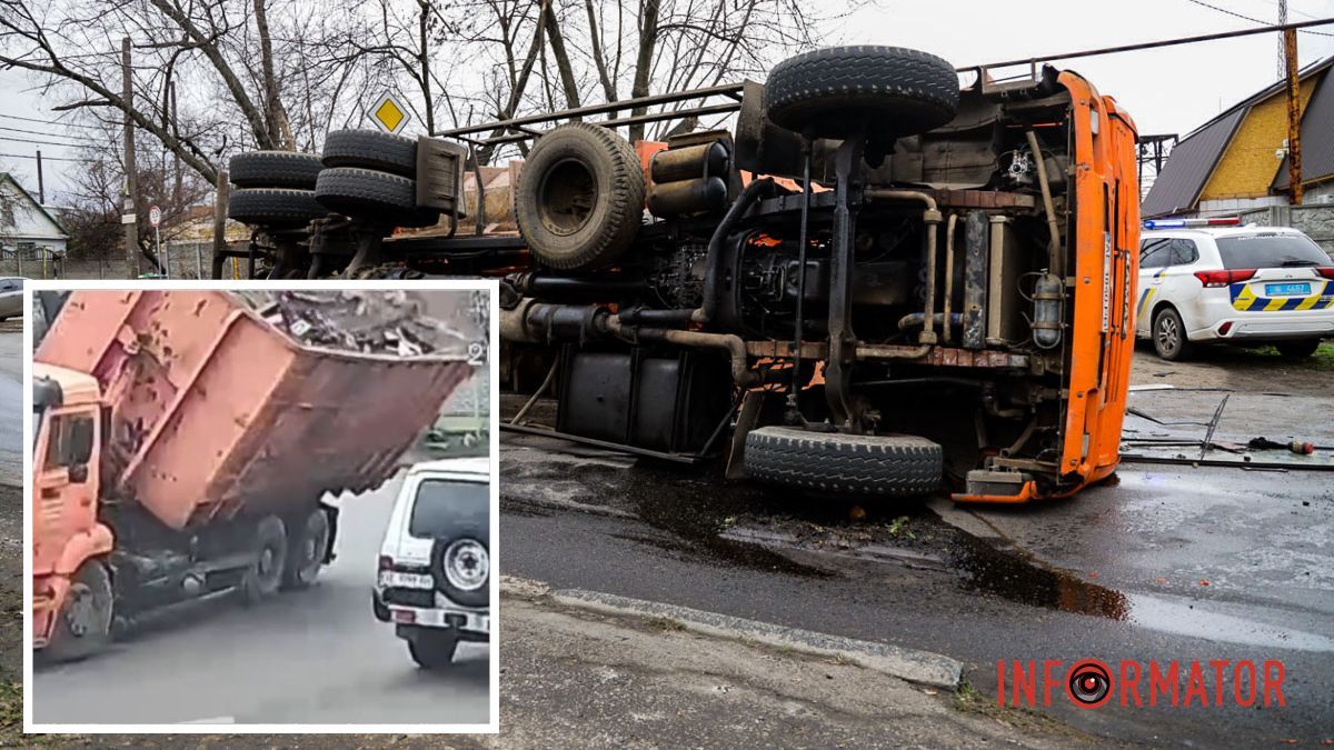 Відео моменту ДТП: у Дніпрі на Посполитій перекинувся КамАЗ з брухтом і ледь не розчавив Hyundai