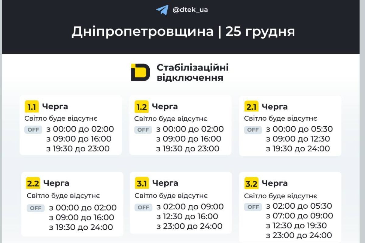 Графіки відключення світла на 25 грудня