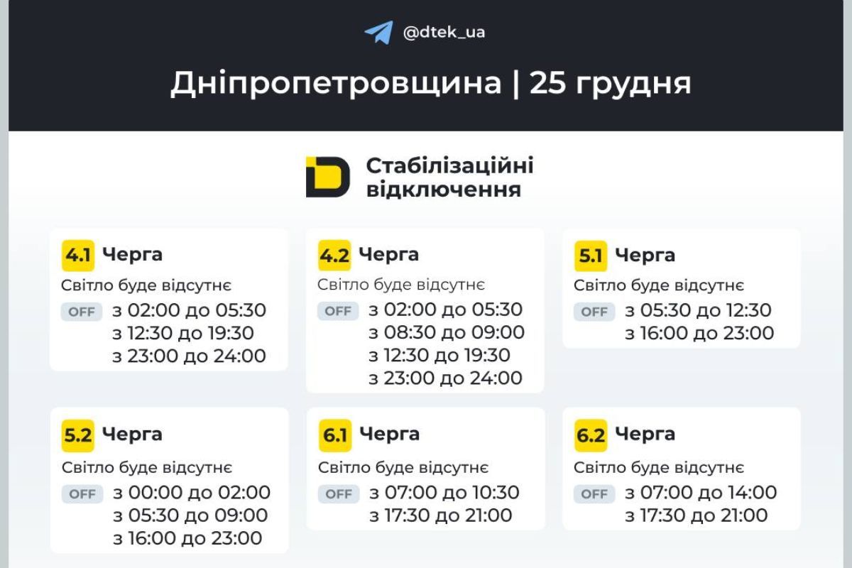 Графіки відключення світла на 25 грудня