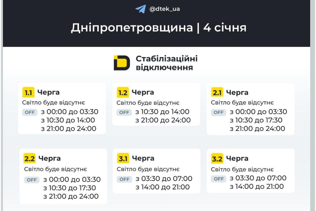 Графіки відключення світла абонентам ДТЕК на 4 січня