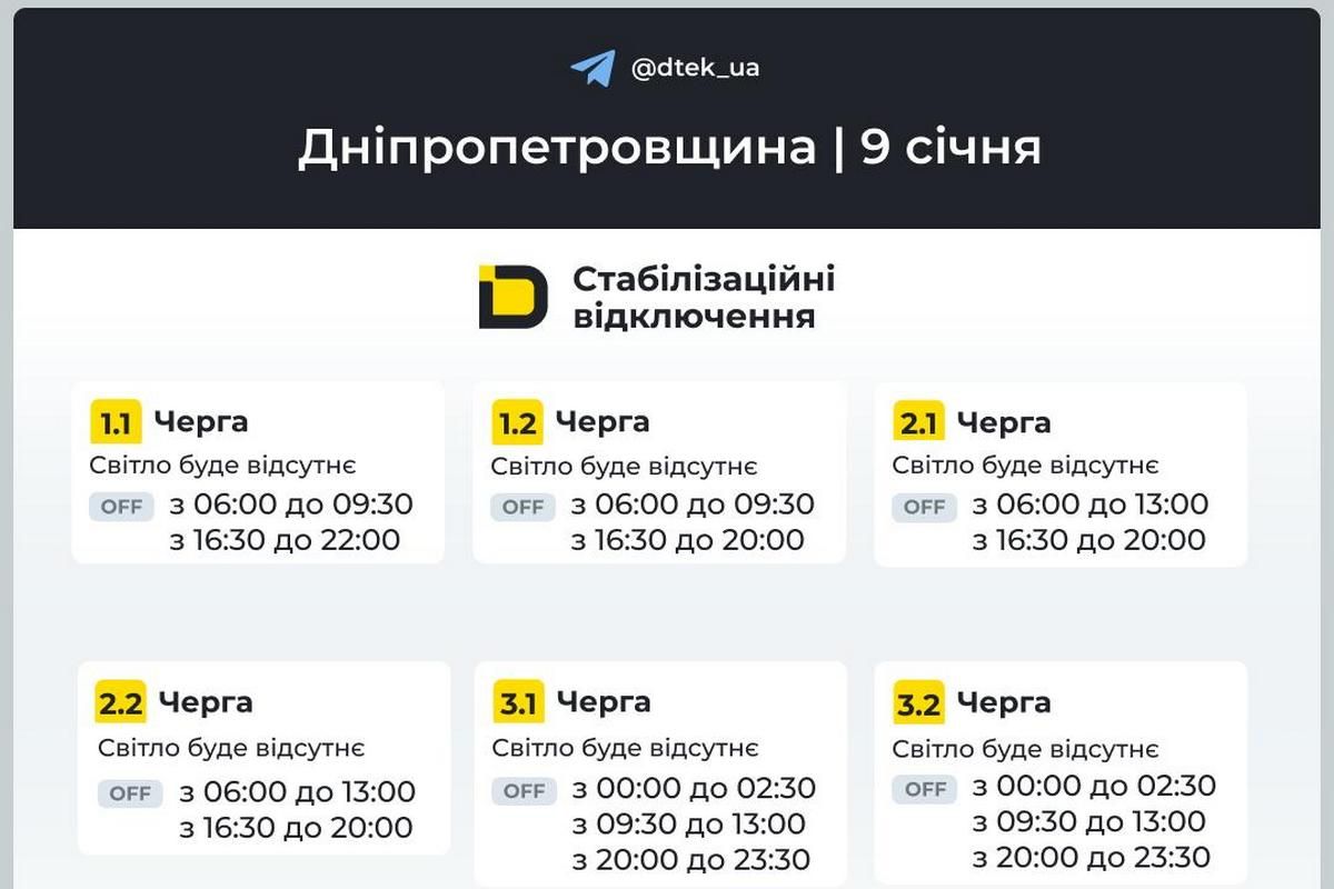 Графики стабилизационных отключений от ДТЭК на 9 января