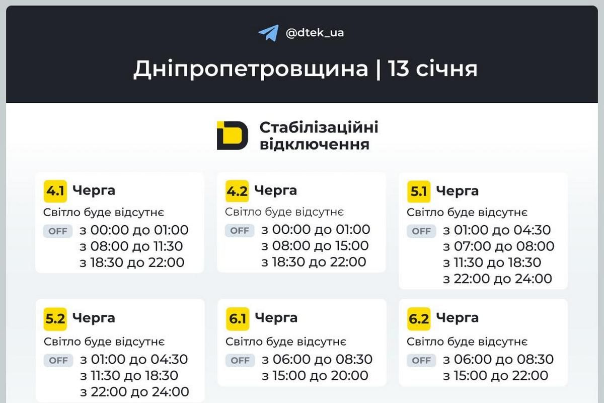 Графики стабилизационных отключений от ДТЭК на 13 января
