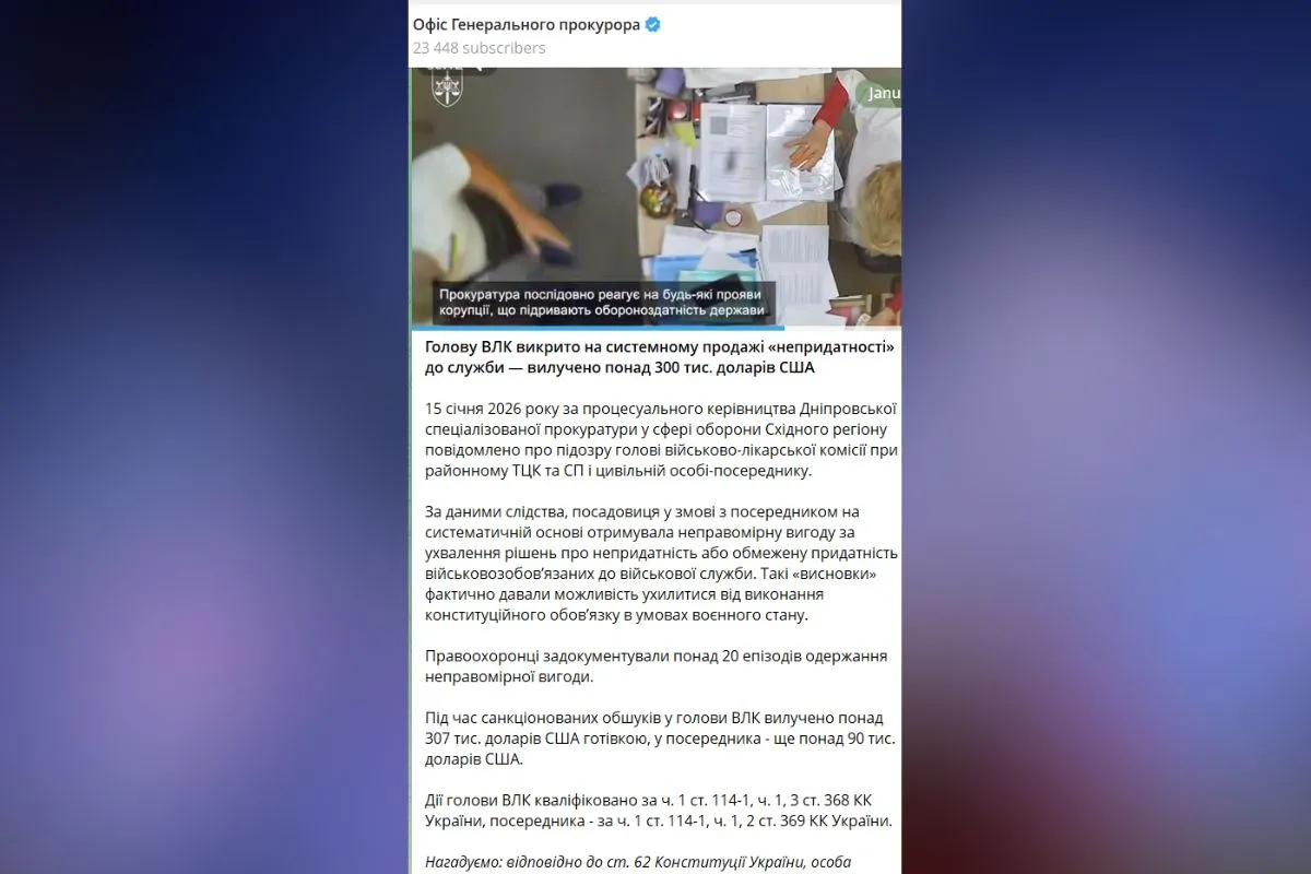 Пост в телеграм-каналі Офісу Генерального прокурора