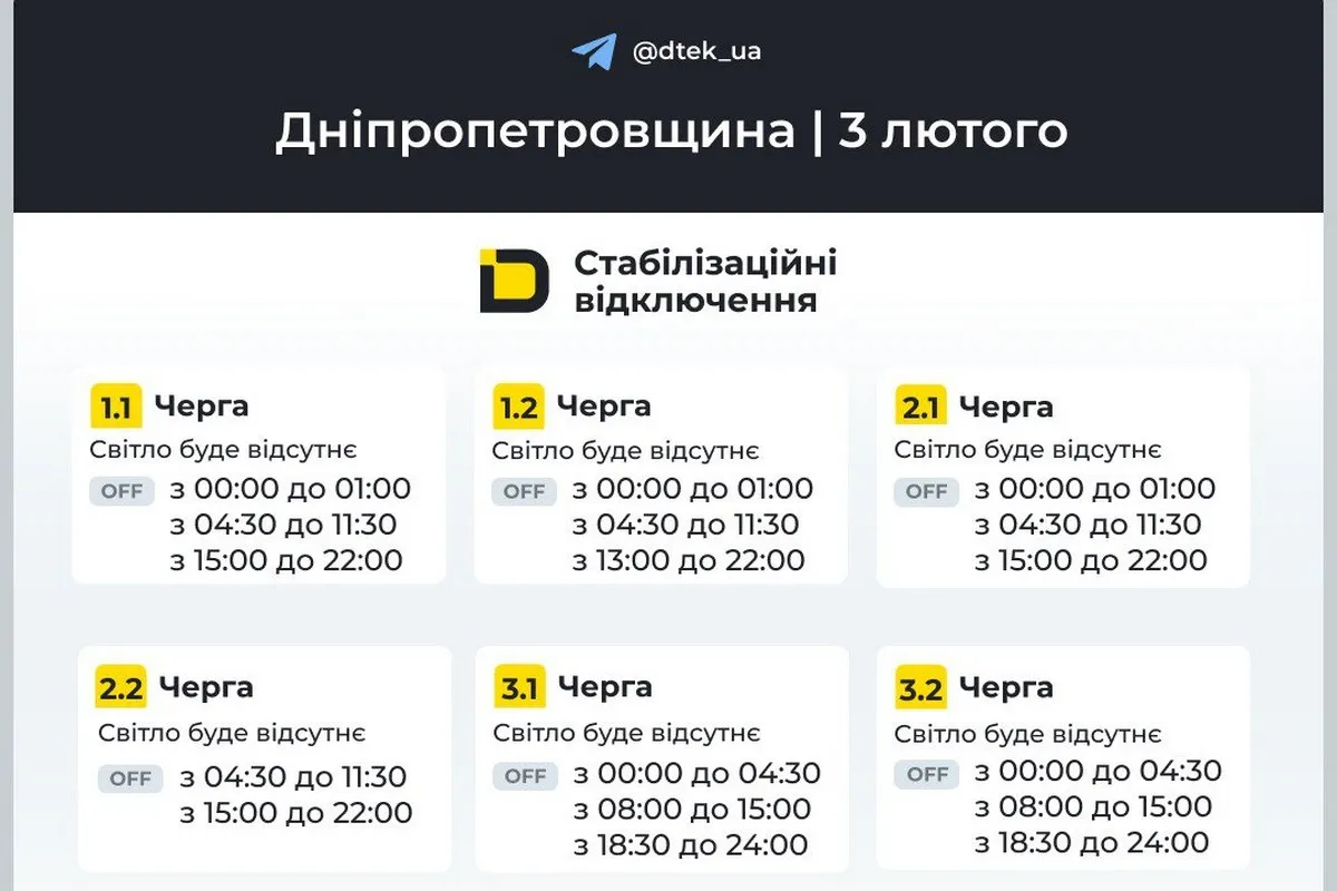 Графіки стабілізаційних відключень від ДТЕК на 3 лютого