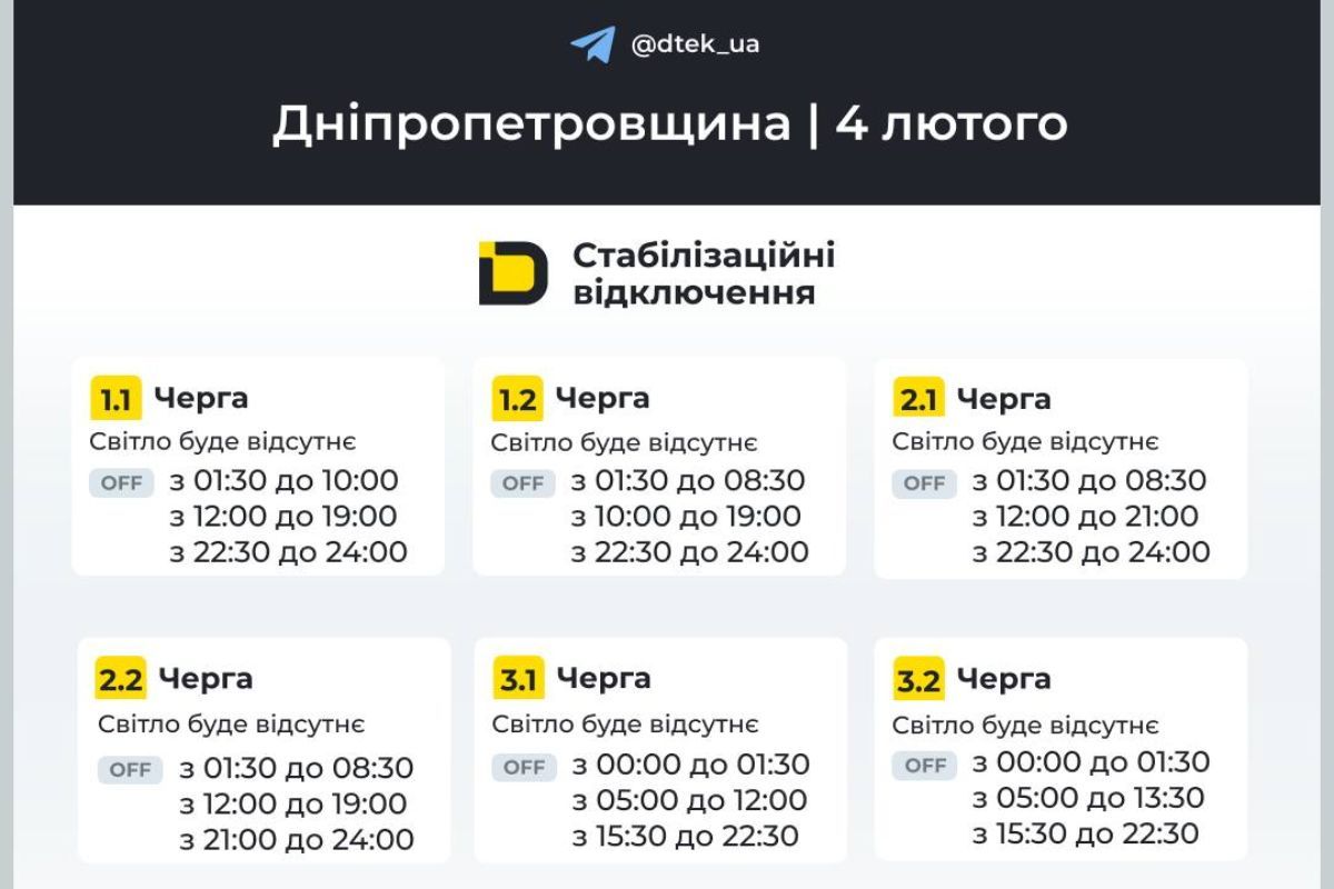 Графіки відключення світла в Дніпрі та області на 4 лютого Графіки відключення світла в Дніпрі та області на 4 лютого
