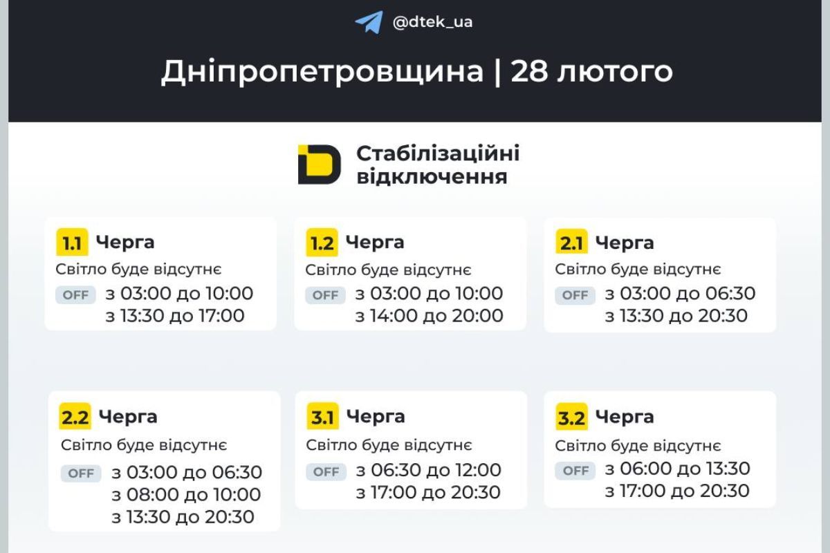 Графіки відключень світла від ДТЕК для Дніпра та області на 28 лютого