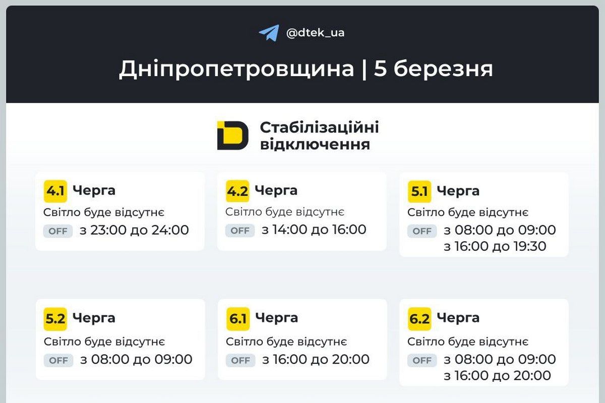 Графіки відключень світла від ДТЕК на 5 березня для Дніпра та області Графіки відключень світла від ДТЕК на 5 березня для Дніпра та області