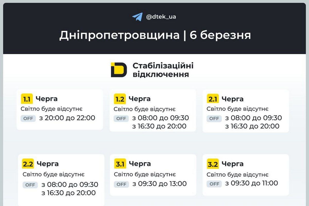 Графіки відключень світла від ДТЕК на 6 березня для Дніпра та області