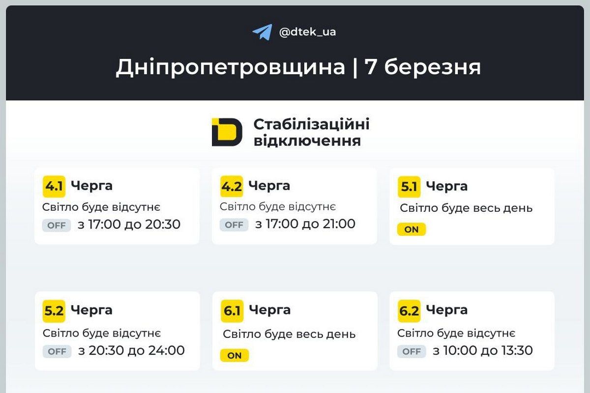 Графіки відключень світла від ДТЕК на 7 березня для Дніпра та області