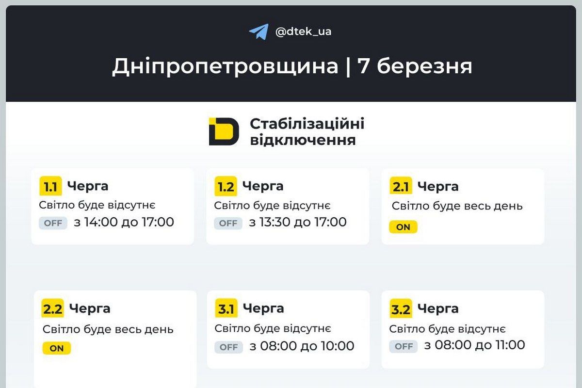 Графіки відключень світла від ДТЕК на 7 березня для Дніпра та області