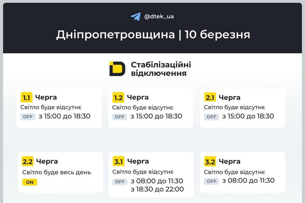 Графіки відключень світла від ДТЕК на 10 березня для Дніпра та області