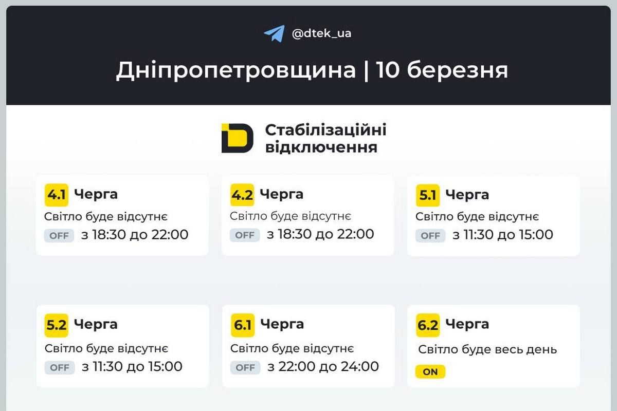 Графіки відключень світла від ДТЕК на 10 березня для Дніпра та області