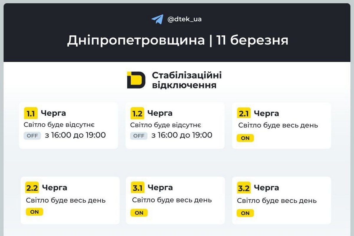 Графіки відключень світла від ДТЕК на 11 березня для Дніпра та області