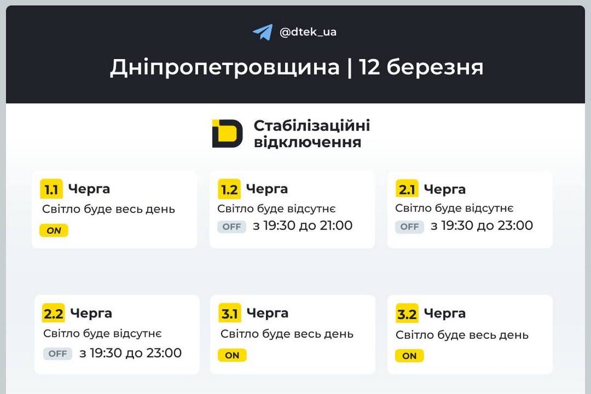 Графіки відключень світла від ДТЕК на 12 березня для Дніпра та області
